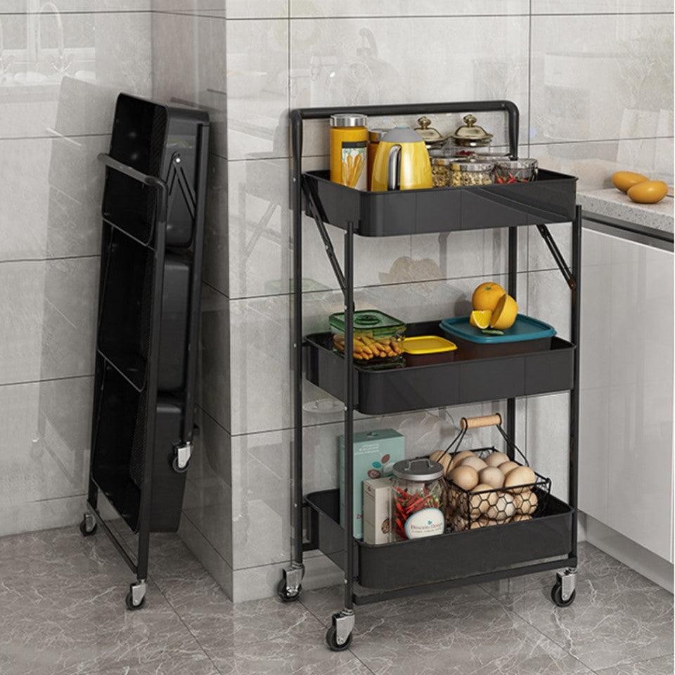 3 Tier Foldable MultiFunctional Metal Trolley Storage Rack With Handl