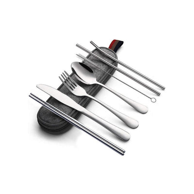 Travel Cutlery Set of 8 with Pouch- Silver - Kyndle