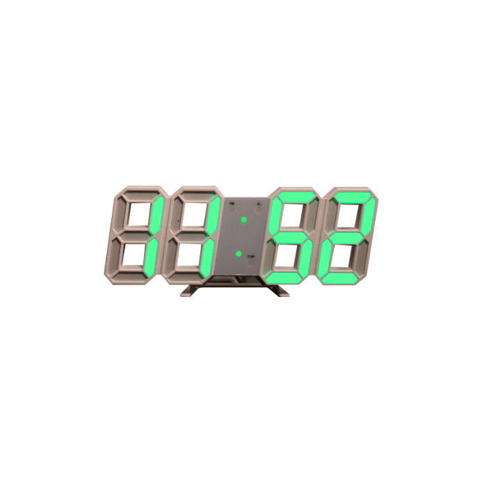 USB Battery LED 12/24H Digital Color Clock- White/ Green